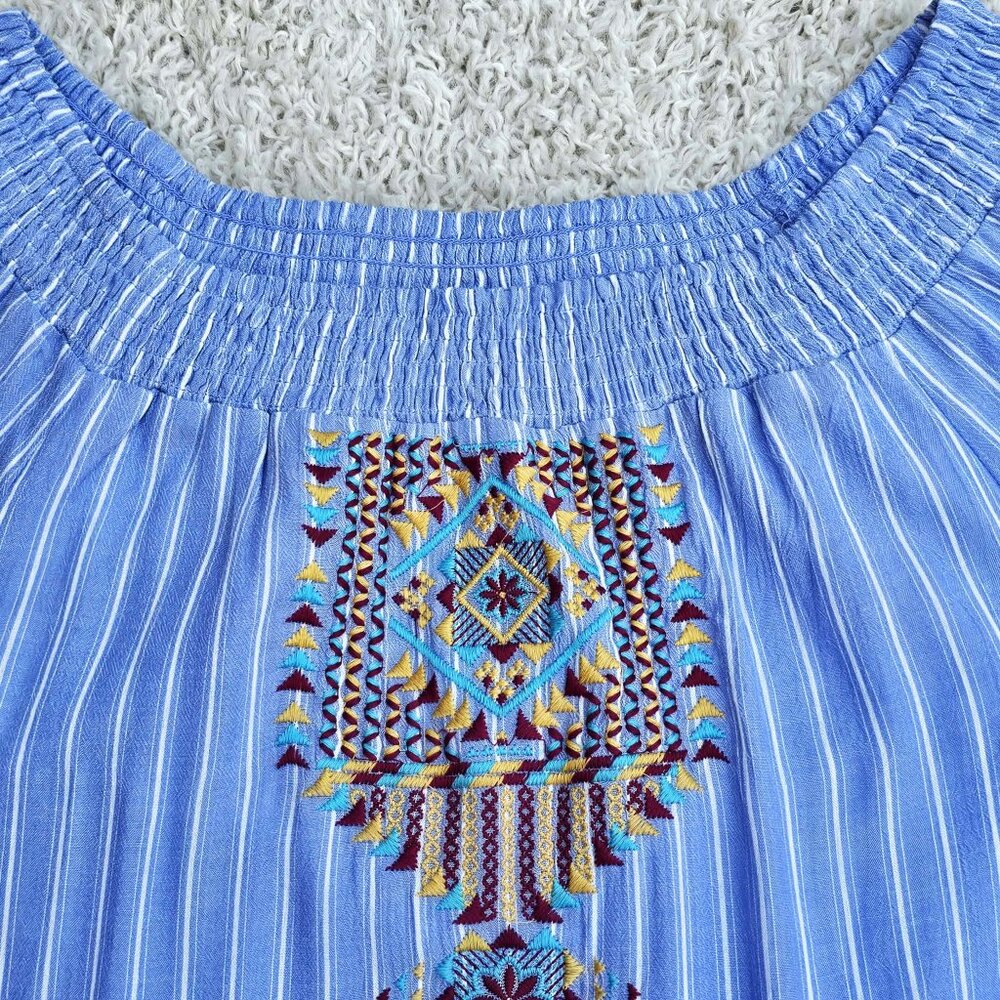 Andree by UNIT Dress. Blue White Striped Colorful Southwestern Embroidery Size M - Picture 12 of 15
